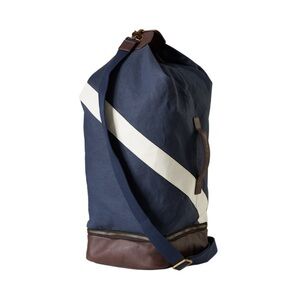 Tracksmith Navy Blue and White Duffel Bag with Brown Leather Trim